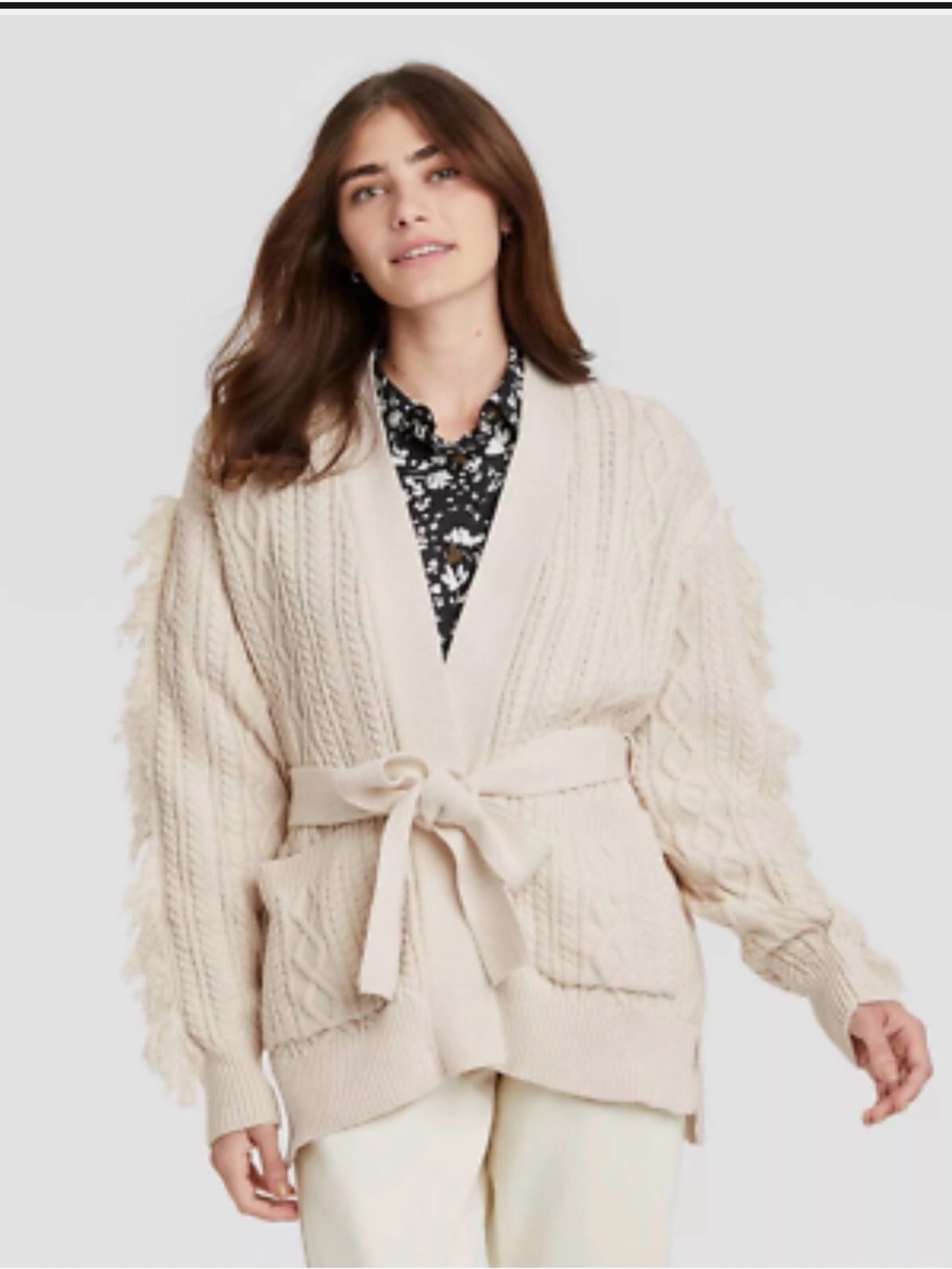 Who What Wear Cream Cable-Knit Tie-Waist Cardigan